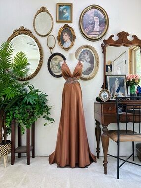 Tony Bowls Copper Satin Maxi Gown with Beaded Waist